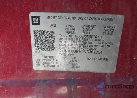 2019 Chevrolet Equinox Lt z USA, uszkodzony, nr VIN 2GNAXUEV2K6301754